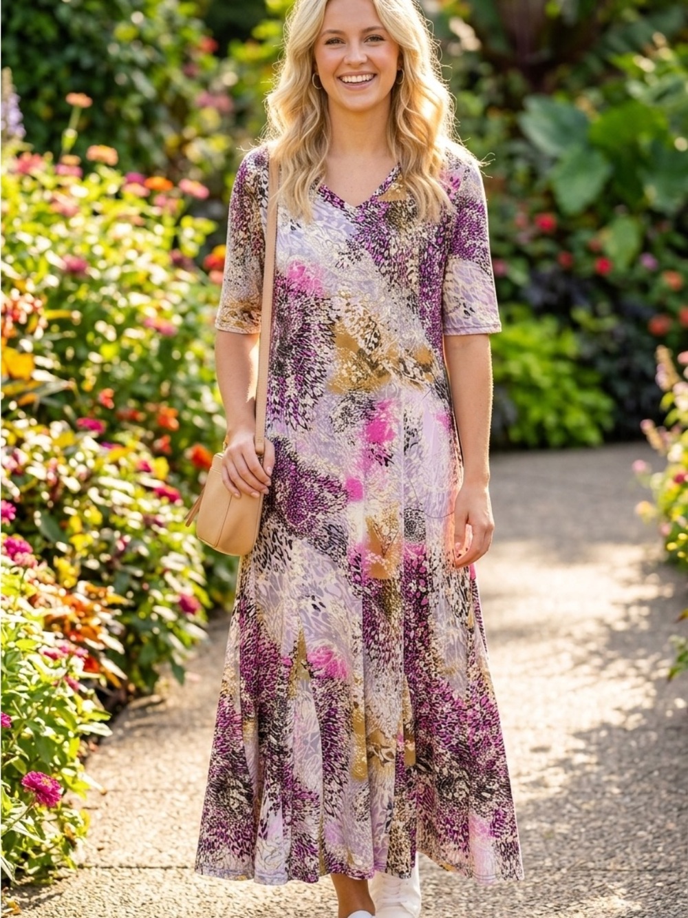 Attitudes by Renee Printed V-Neck Maxi Dress in Purple, Pink and Gold